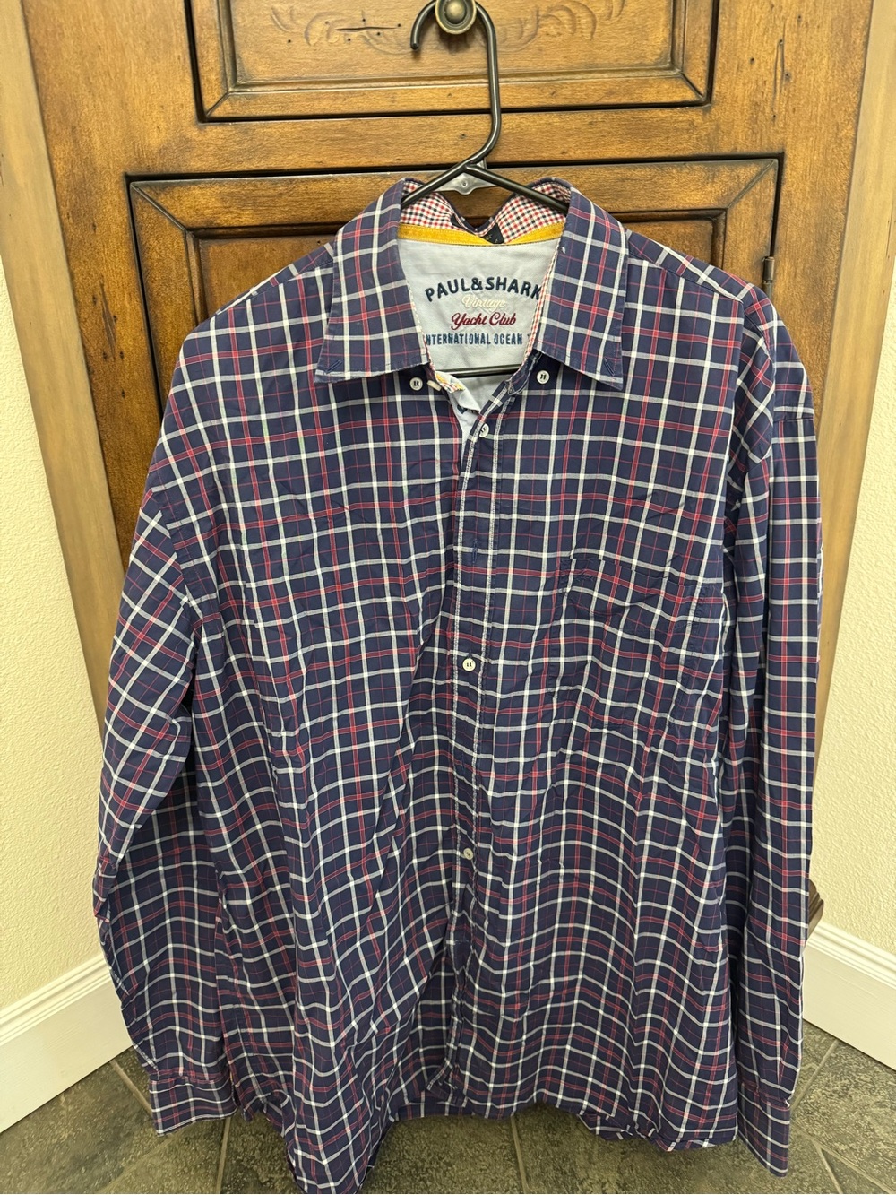 Paul & Shark Navy Plaid Button-Down Shirt with Red and White Accents Size 45.